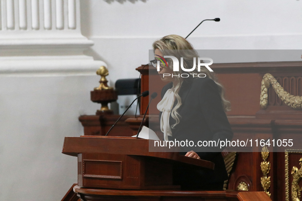 Deputy Nora Arias Contreras, of the Party of the Democratic Revolution (PRD), speaks during the solemn session in which Clara Brugada takes...