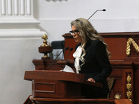 Deputy Nora Arias Contreras, of the Party of the Democratic Revolution (PRD), speaks during the solemn session in which Clara Brugada takes...