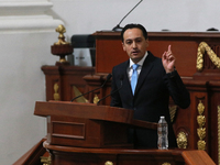 Deputy Andres Atayde Rubiolo of the National Action Party (PAN) speaks during the solemn session in which Clara Brugada takes office as head...