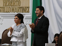 Clara Brugada, Head of Government of Mexico City, is accompanied by former Head of Government of Mexico City, Marti Batres, during the solem...