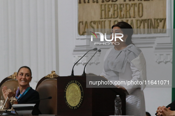 Clara Brugada Molina speaks during the solemn session in which she takes office as Head of Government of Mexico City, held at the Congress o...