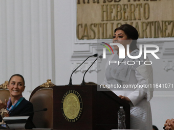 Clara Brugada Molina speaks during the solemn session in which she takes office as Head of Government of Mexico City, held at the Congress o...