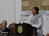 Clara Brugada Molina speaks during the solemn session in which she takes office as Head of Government of Mexico City, held at the Congress o...