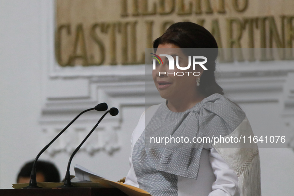 Clara Brugada Molina speaks during the solemn session in which she takes office as Head of Government of Mexico City, held at the Congress o...