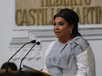 Clara Brugada Molina speaks during the solemn session in which she takes office as Head of Government of Mexico City, held at the Congress o...