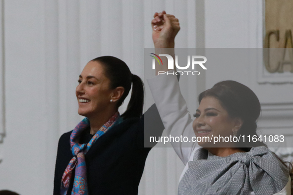 The President of Mexico, Claudia Sheinbaum Pardo, accompanies the Head of Government of Mexico City, Clara Brugada Molina, during the solemn...