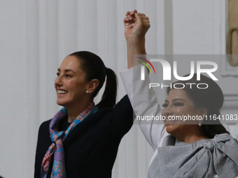 The President of Mexico, Claudia Sheinbaum Pardo, accompanies the Head of Government of Mexico City, Clara Brugada Molina, during the solemn...