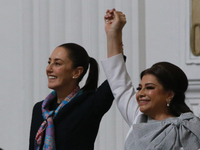 The President of Mexico, Claudia Sheinbaum Pardo, accompanies the Head of Government of Mexico City, Clara Brugada Molina, during the solemn...