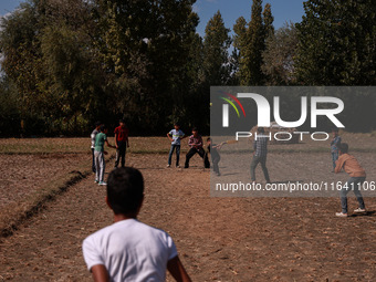 Kashmiri boys play cricket in a paddy field after the harvest on the outskirts of Sopore, Jammu and Kashmir, India, on October 6, 2024. (