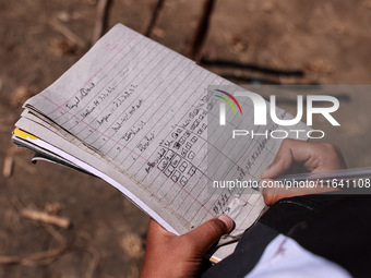 A boy maintains the score during a cricket match played in a paddy field after the harvest in Sopore, Jammu and Kashmir, India, on October 6...