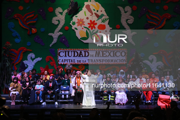 Mexico City's new Head of Government, Clara Brugada, speaks during the celebration following her inauguration, where she meets with her gues...