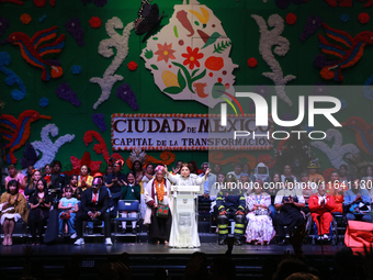 Mexico City's new Head of Government, Clara Brugada, speaks during the celebration following her inauguration, where she meets with her gues...