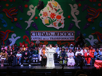 Mexico City's new Head of Government, Clara Brugada, speaks during the celebration following her inauguration, where she meets with her gues...