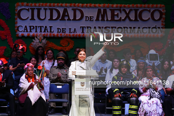 Mexico City's new Head of Government, Clara Brugada, speaks during the celebration following her inauguration, where she meets with her gues...