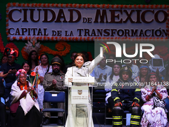 Mexico City's new Head of Government, Clara Brugada, speaks during the celebration following her inauguration, where she meets with her gues...