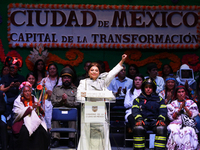 Mexico City's new Head of Government, Clara Brugada, speaks during the celebration following her inauguration, where she meets with her gues...