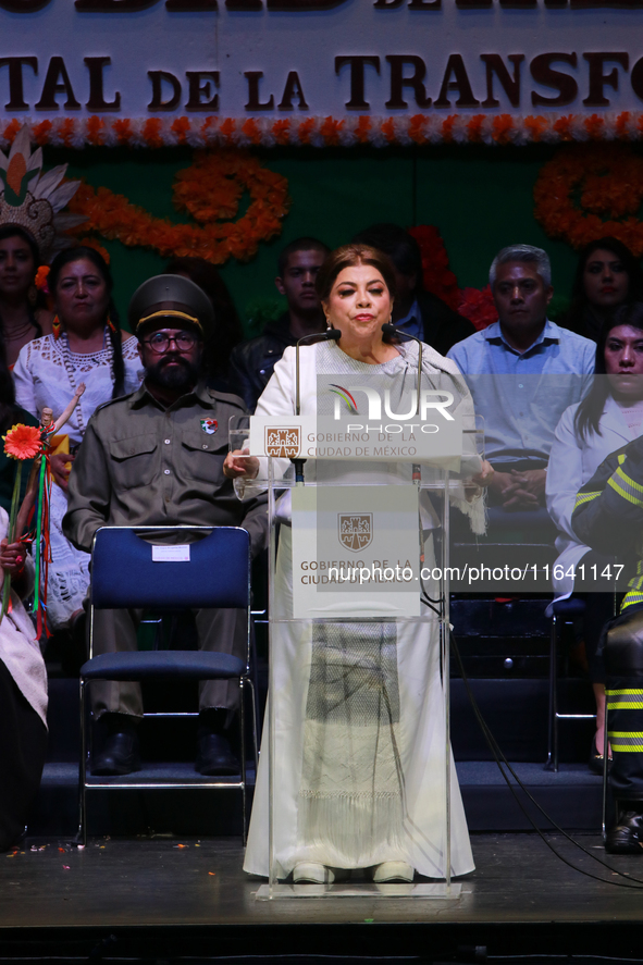 Mexico City's new Head of Government, Clara Brugada, speaks during the celebration following her inauguration, where she meets with her gues...