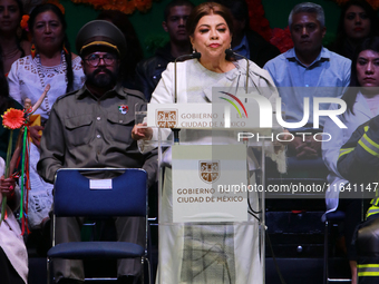 Mexico City's new Head of Government, Clara Brugada, speaks during the celebration following her inauguration, where she meets with her gues...