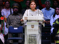 Mexico City's new Head of Government, Clara Brugada, speaks during the celebration following her inauguration, where she meets with her gues...