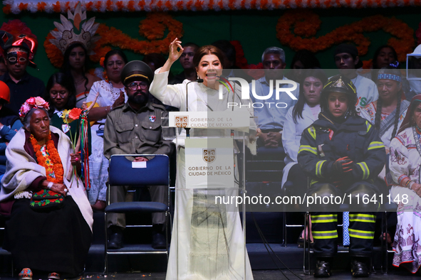 Mexico City's new Head of Government, Clara Brugada, speaks during the celebration following her inauguration, where she meets with her gues...