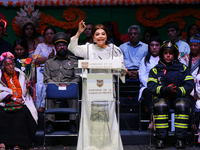 Mexico City's new Head of Government, Clara Brugada, speaks during the celebration following her inauguration, where she meets with her gues...