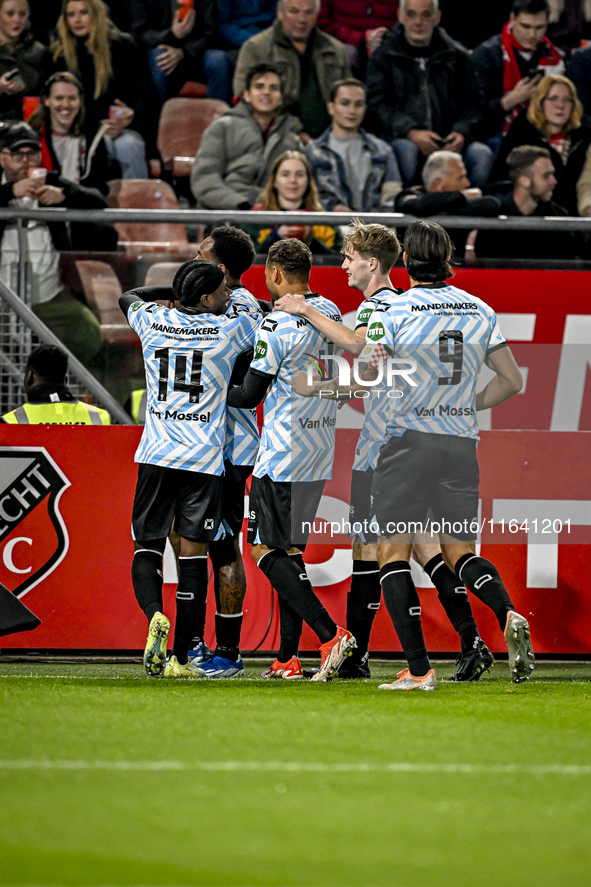 Players of RKC celebrate the goal of RKC forward Denilho Cleonise, making it 0-1, during the match between Utrecht and RKC at Stadium de Gal...