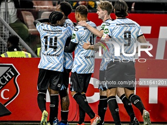 Players of RKC celebrate the goal of RKC forward Denilho Cleonise, making it 0-1, during the match between Utrecht and RKC at Stadium de Gal...