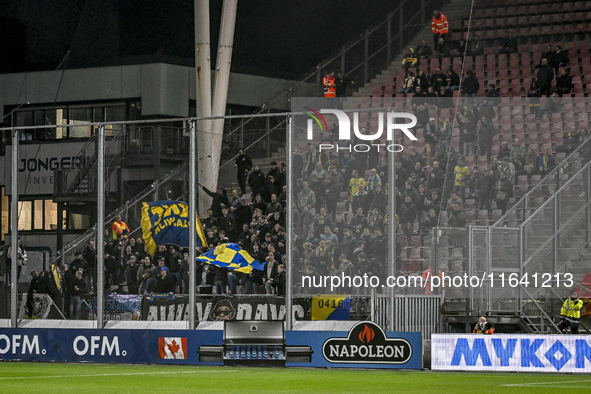 Fans of RKC Waalwijk attend the match between Utrecht and RKC at the Stadium de Galgenwaard in Utrecht, Netherlands, on October 5, 2024. 