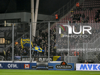 Fans of RKC Waalwijk attend the match between Utrecht and RKC at the Stadium de Galgenwaard in Utrecht, Netherlands, on October 5, 2024. (