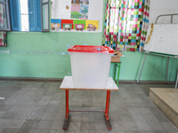 An empty ballot box is in a polling station during the presidential election in Ariana, a suburb of Tunis, Tunisia, on October 6, 2024. Tuni...