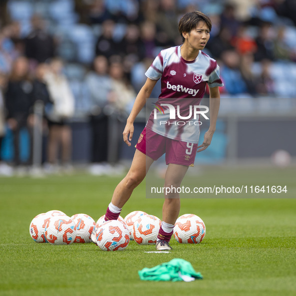 Riko Ueki #9 of West Ham United F.C. warms up during the Barclays FA Women's Super League match between Manchester City and West Ham United...