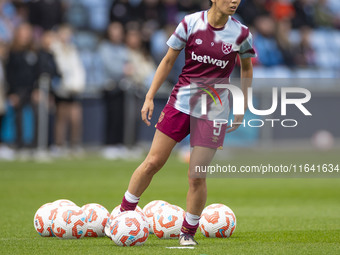 Riko Ueki #9 of West Ham United F.C. warms up during the Barclays FA Women's Super League match between Manchester City and West Ham United...