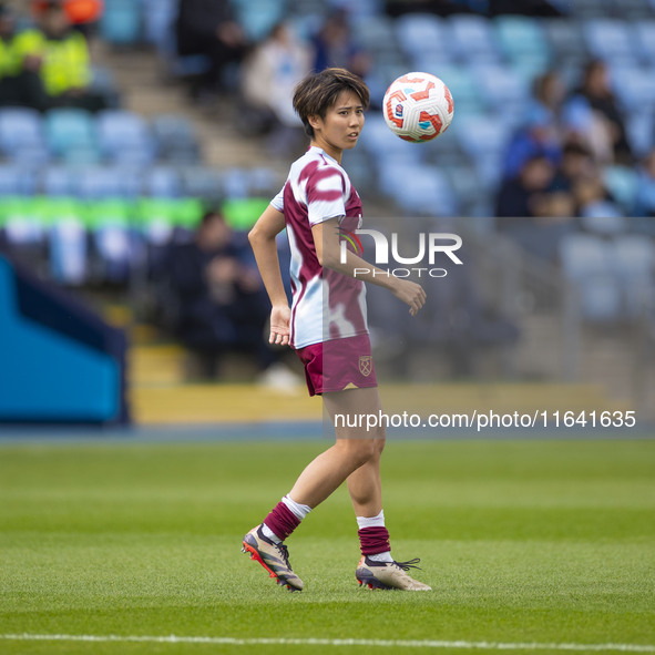 Riko Ueki #9 of West Ham United F.C. warms up during the Barclays FA Women's Super League match between Manchester City and West Ham United...