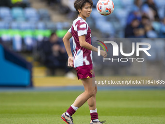 Riko Ueki #9 of West Ham United F.C. warms up during the Barclays FA Women's Super League match between Manchester City and West Ham United...