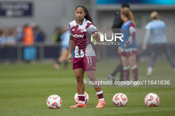 Manuela Pavi #11 of West Ham United F.C. warms up during the Barclays FA Women's Super League match between Manchester City and West Ham Uni...