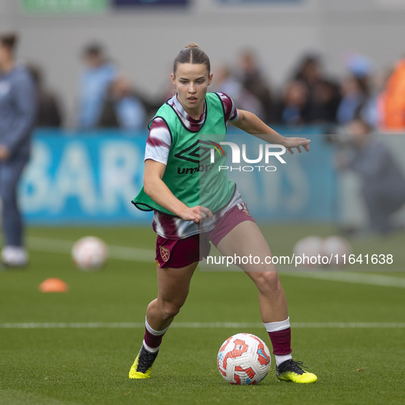 A West Ham United F.C. player warms up during the Barclays FA Women's Super League match between Manchester City and West Ham United at the...