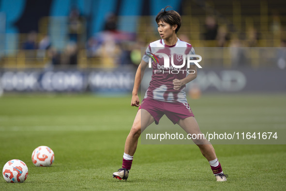 Riko Ueki #9 of West Ham United F.C. warms up during the Barclays FA Women's Super League match between Manchester City and West Ham United...