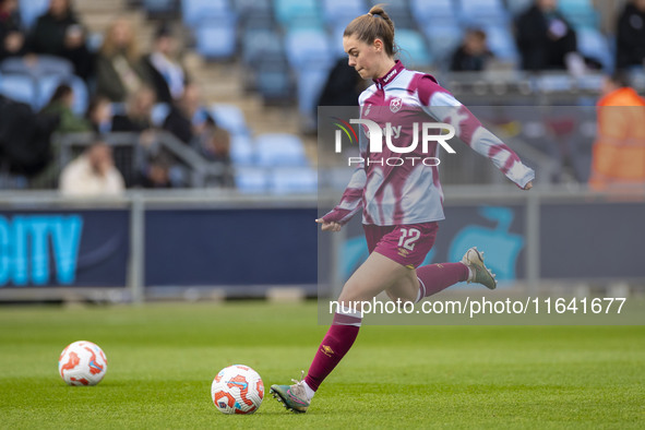 Emma Harries #12 of West Ham United F.C. warms up during the Barclays FA Women's Super League match between Manchester City and West Ham Uni...