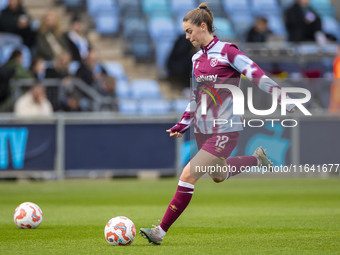 Emma Harries #12 of West Ham United F.C. warms up during the Barclays FA Women's Super League match between Manchester City and West Ham Uni...