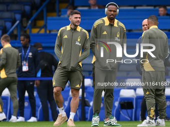 Morato of Nottingham Forest and Carlos Miguel, Nottingham Forest goalkeeper, participate in the Premier League match between Chelsea and Not...