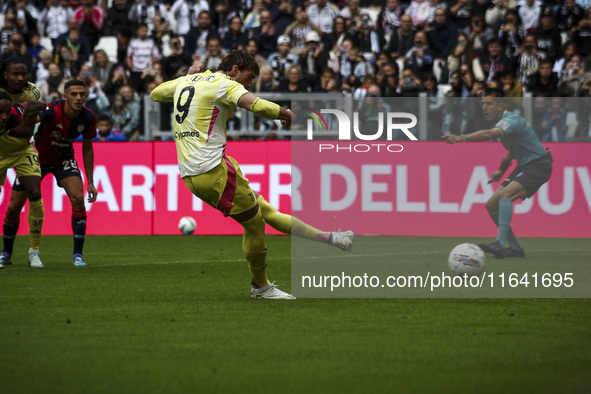 Juventus forward Dusan Vlahovic (9) scores his goal by penalty kick to make it 1-0 during the Serie A football match number 7 between Juvent...