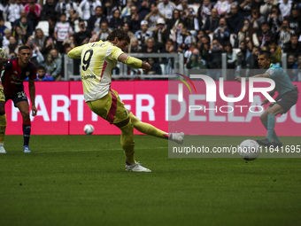 Juventus forward Dusan Vlahovic (9) scores his goal by penalty kick to make it 1-0 during the Serie A football match number 7 between Juvent...