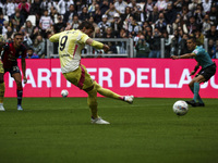 Juventus forward Dusan Vlahovic (9) scores his goal by penalty kick to make it 1-0 during the Serie A football match number 7 between Juvent...