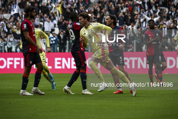 Juventus forward Dusan Vlahovic (9) celebrates after scoring his goal to make it 1-0 during the Serie A football match number 7 between Juve...