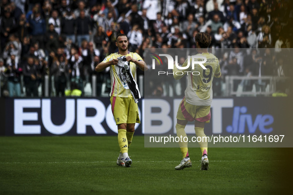 Juventus forward Dusan Vlahovic (9) celebrates after scoring his goal to make it 1-0 during the Serie A football match number 7 between Juve...