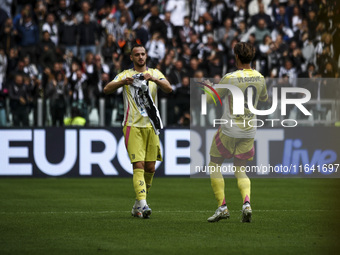 Juventus forward Dusan Vlahovic (9) celebrates after scoring his goal to make it 1-0 during the Serie A football match number 7 between Juve...