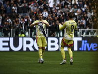 Juventus forward Dusan Vlahovic (9) celebrates after scoring his goal to make it 1-0 during the Serie A football match number 7 between Juve...