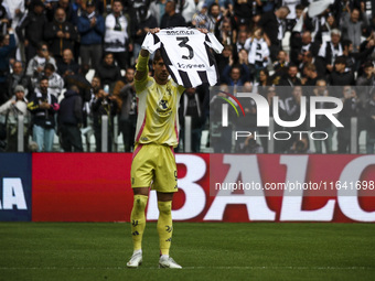 Juventus forward Dusan Vlahovic (9) celebrates after scoring his goal to make it 1-0, dedicated to his teammate Juventus defender Bremer (3)...