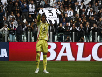 Juventus forward Dusan Vlahovic (9) celebrates after scoring his goal to make it 1-0, dedicated to his teammate Juventus defender Bremer (3)...