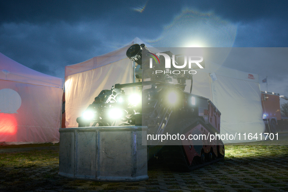 A Shark Robotics firefighting robot is seen at the Warsaw Institute of Aviation in Warsaw, Poland on 04 October, 2024. The annual Aviation N...